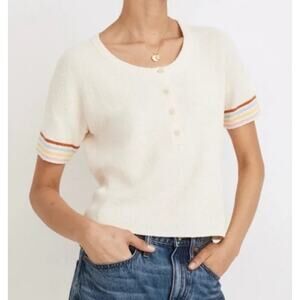 Madewell Sweater Womens Medium Cream Knit Henley Top Rainbow Short Sleeves